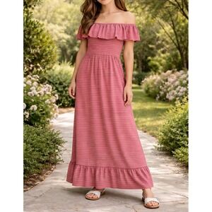 Bailey Lane Girls Mauve Pink Striped Ruffle Off Shoulder Maxi Dress Size L 12-14